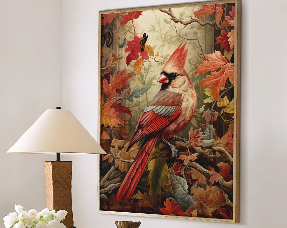 Red Cardinal Bird Among Autumn Maple Leaves and Butterflies Poster