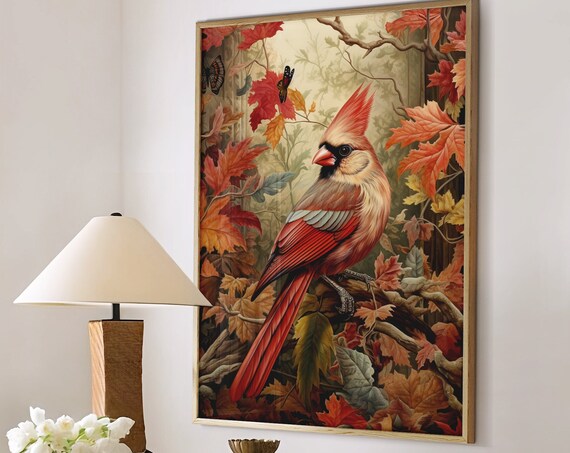Red Cardinal Bird Among Autumn Maple Leaves and Butterflies Poster