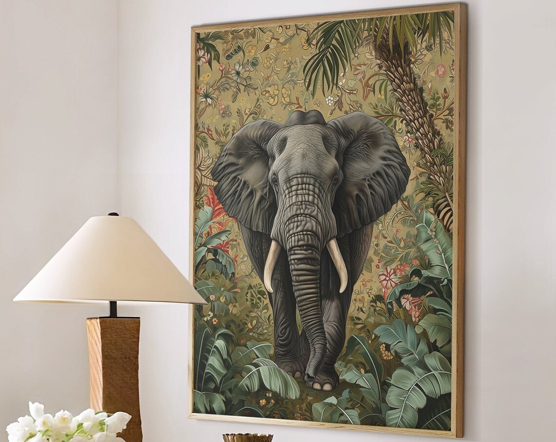 African Elephant in Lush Jungle Floral Wallpaper Style Poster