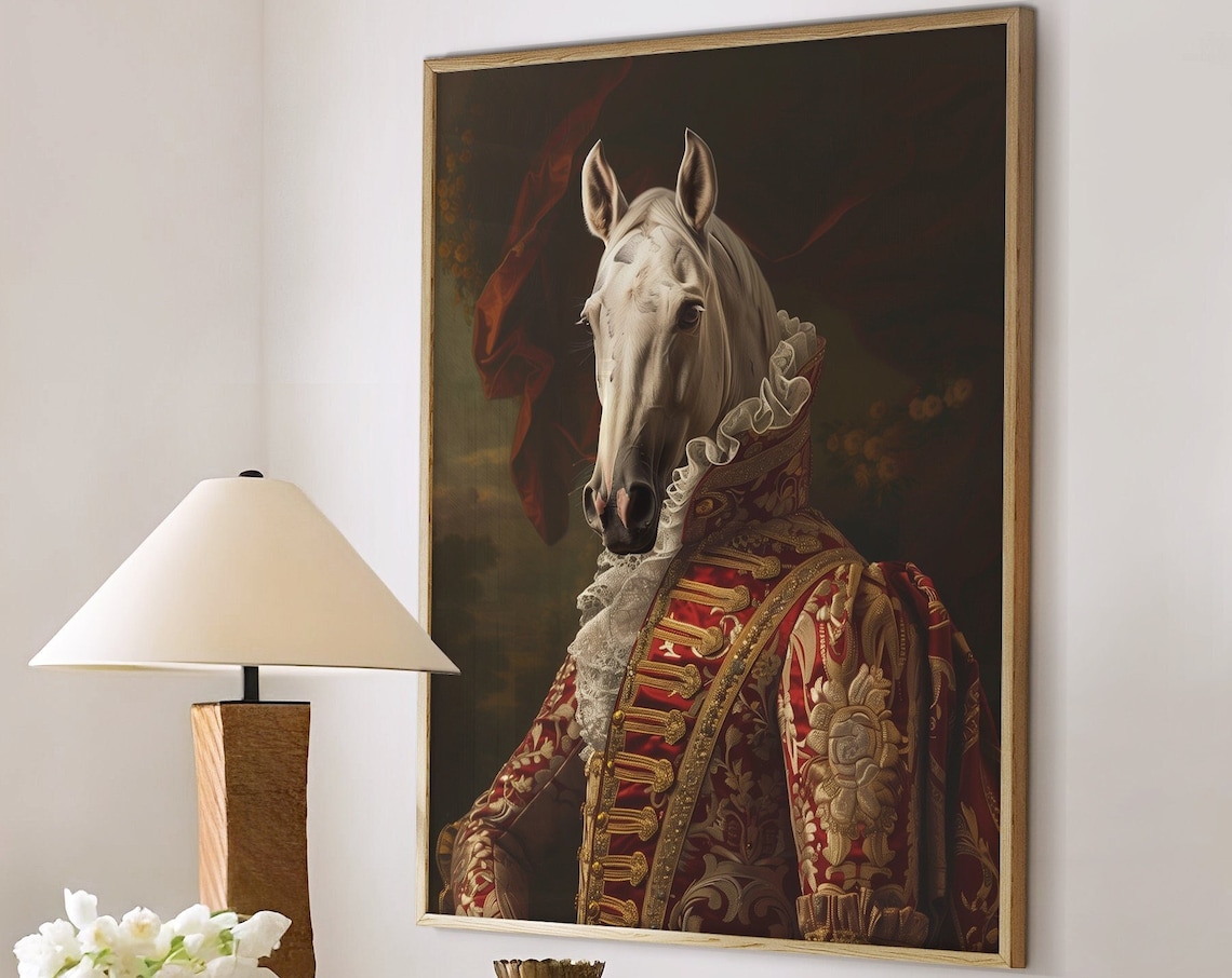 White Horse in Red Baroque Court Coat with Lace Ruff Portrait Poster