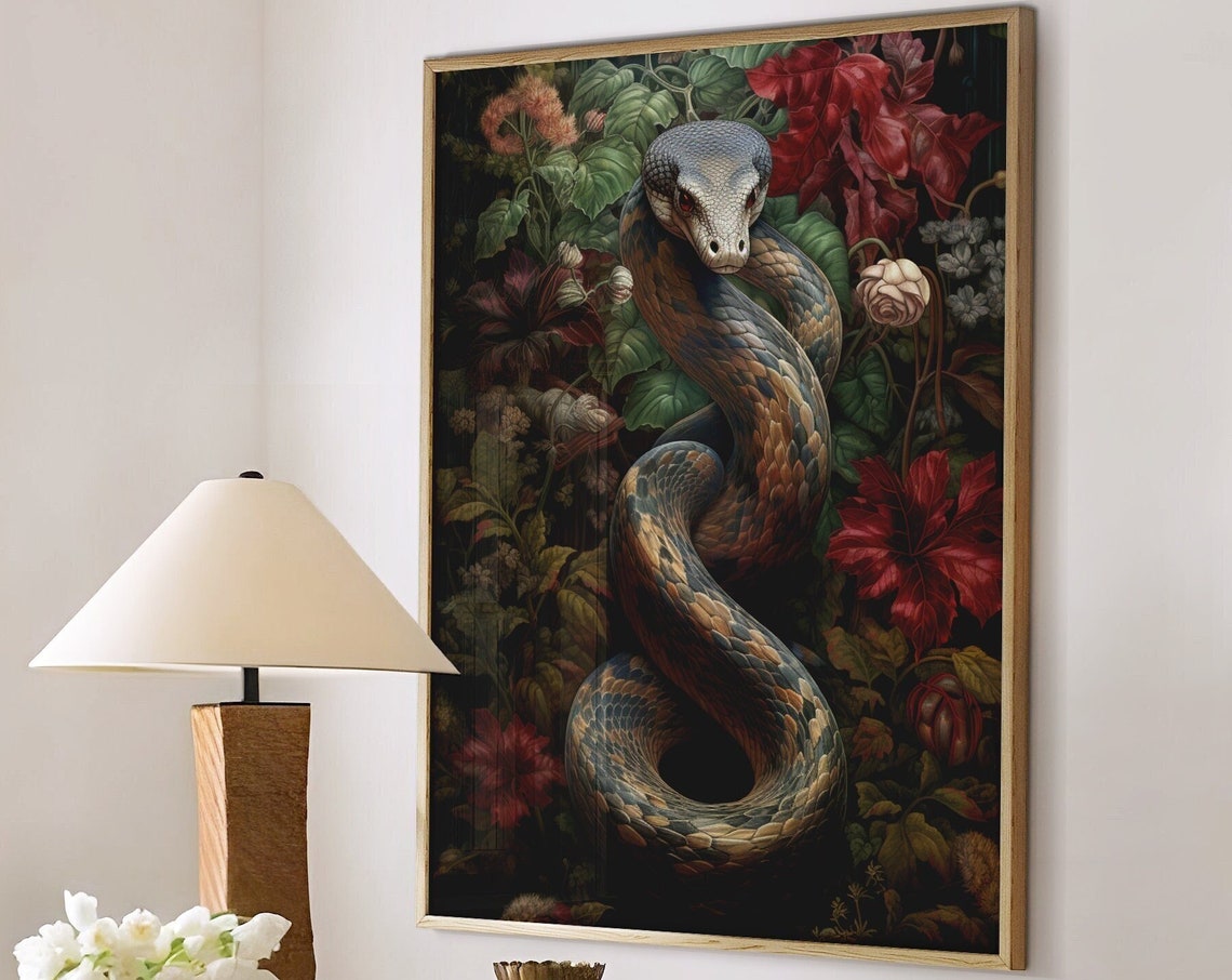 Coiled Snake Among Dark Red Flowers in Gold Frame Moody Poster - Image 4