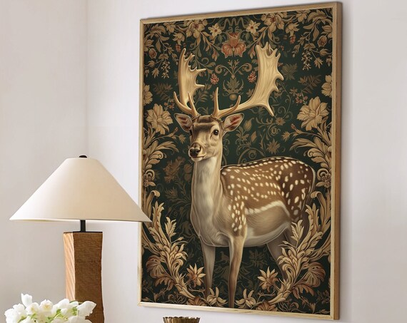 Fallow Deer Stag with Grand Antlers Dark Floral Tapestry Poster