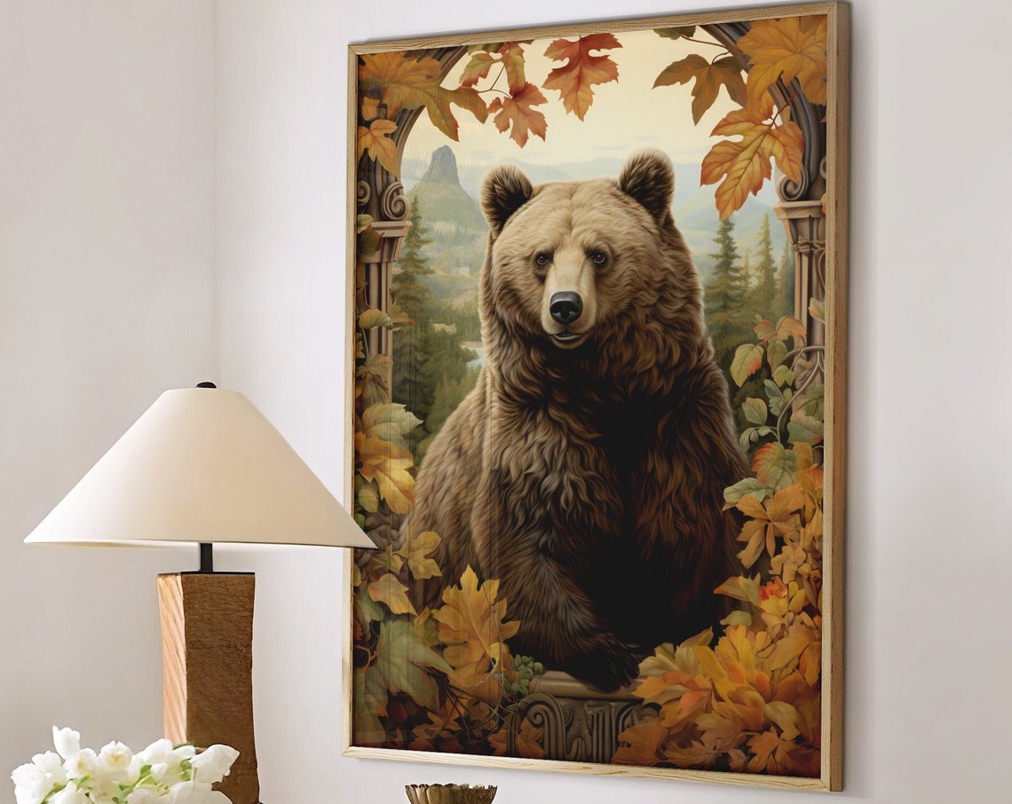 Brown Bear On Stone Balcony With Mountain Forest View Poster
