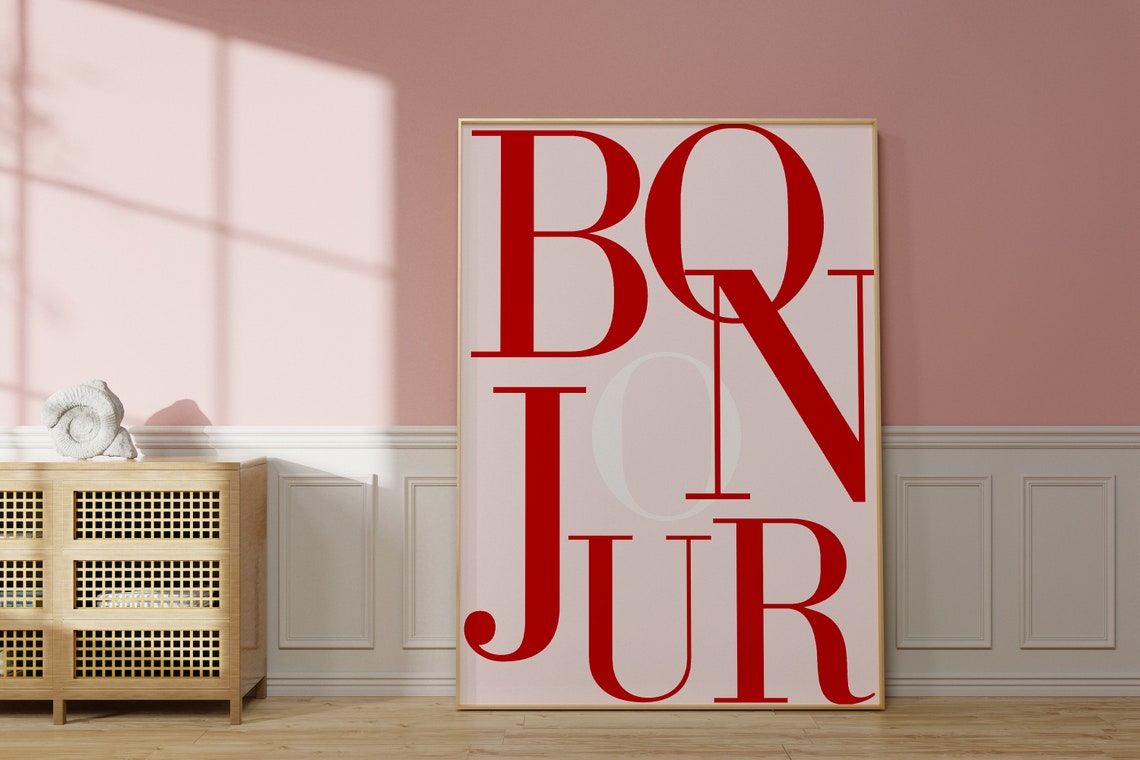 Bold Red Bonjour Typography Poster in Modern French Style Decor
