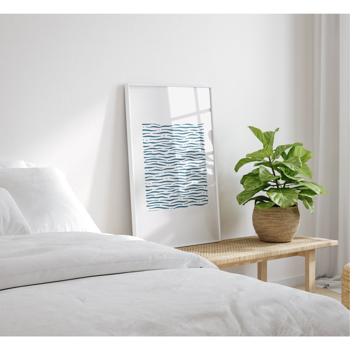 Navy Blue Wavy Line Grid Minimalist Abstract Modern Art Poster - Image 2