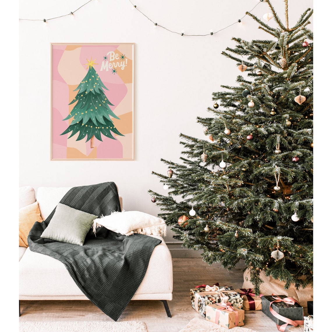 Be Merry Retro Pink Christmas Tree Gold Star Fun Holiday Poster - Image 3