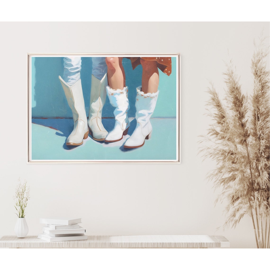 Two Cowgirls White Boots Jeans And Rust Skirt Aqua Western Poster - Image 2
