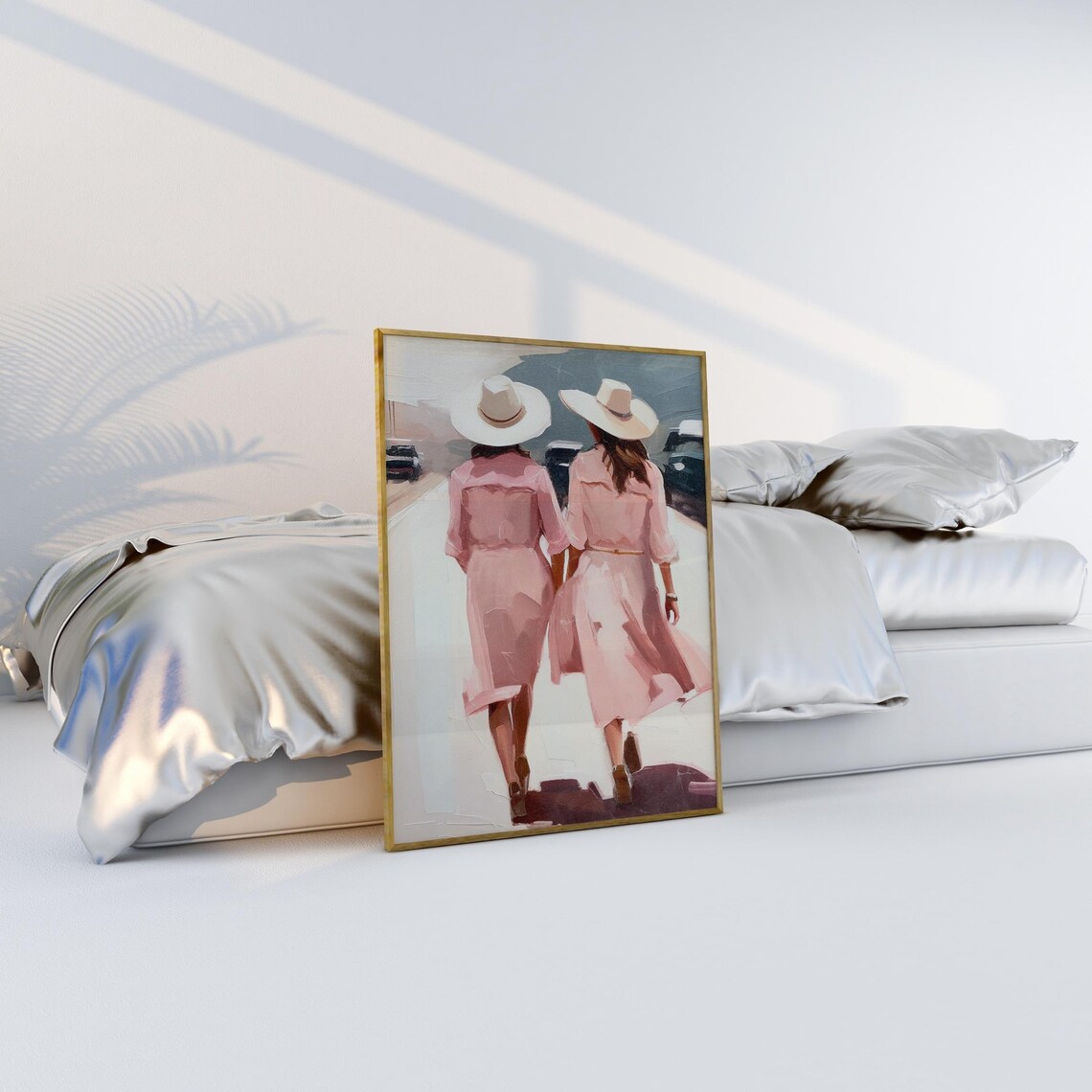 Two Cowgirls Long Pink Dresses Cowboy Hats Desert Road Poster - Image 3