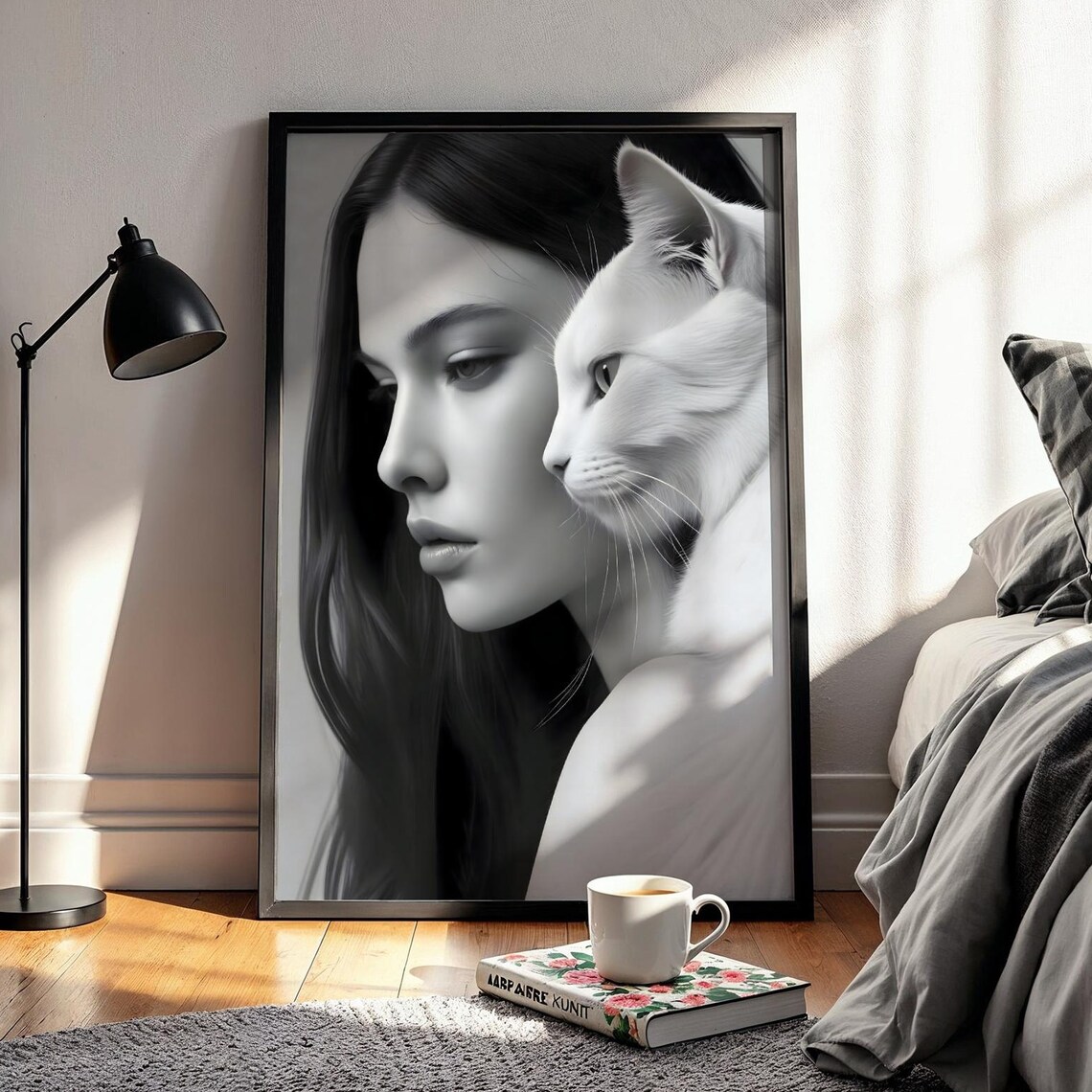 Cat And Woman Line Art Print Minimalist Black White Portrait Wall