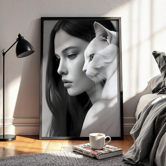 Cat And Woman Line Art Print Minimalist Black White Portrait Wall