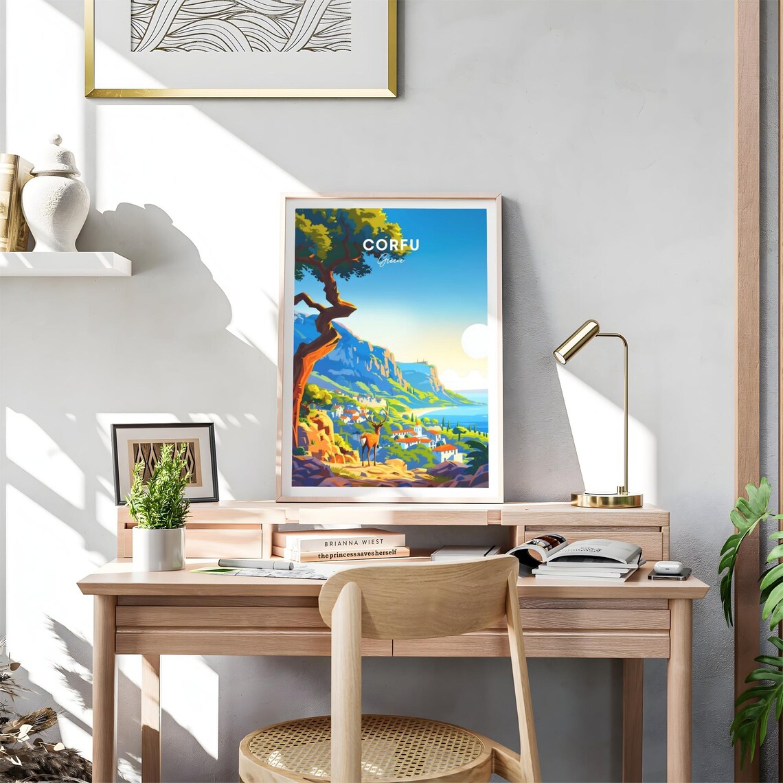 Corfu Greece Deer Cliff View Coastal Village Bay Travel Poster - Image 4