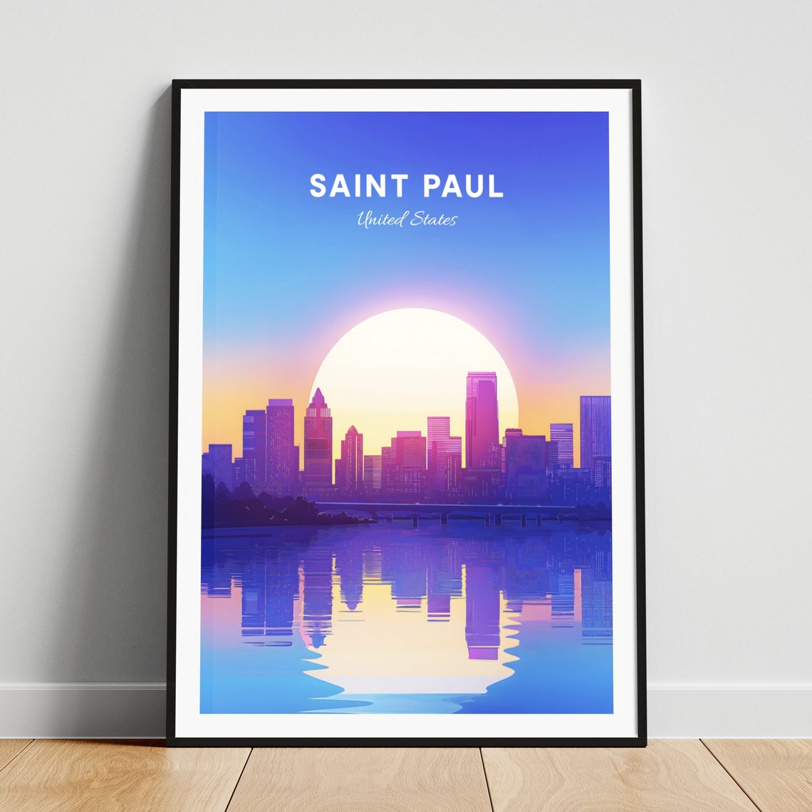 Saint Paul City Skyline Sunrise Big Sun Reflection View Poster