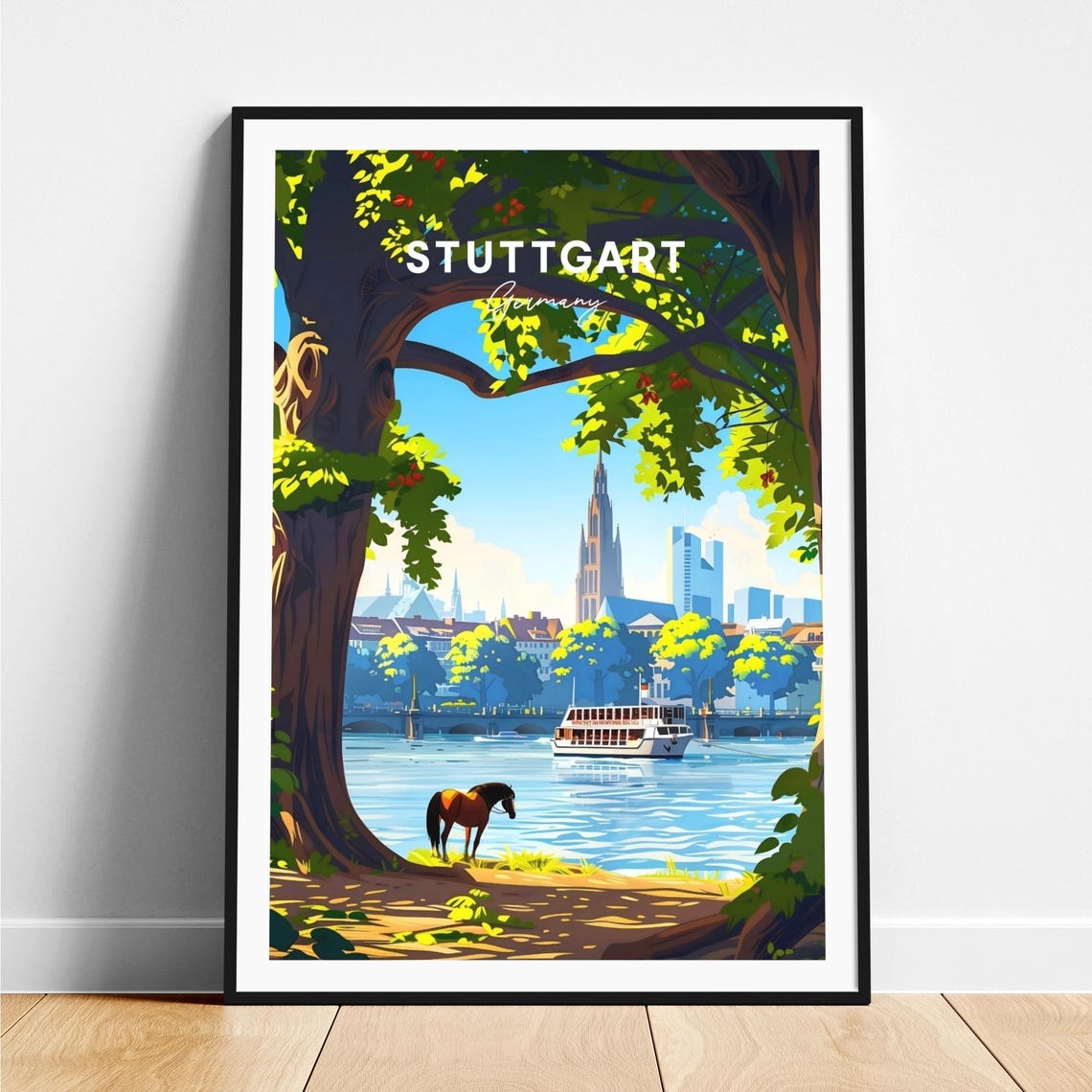 Stuttgart Sunny Riverside Horse Under Trees Germany Travel Poster