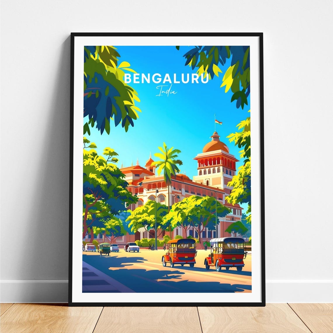 Bengaluru India Domed Palace with Auto Rickshaws Travel Poster