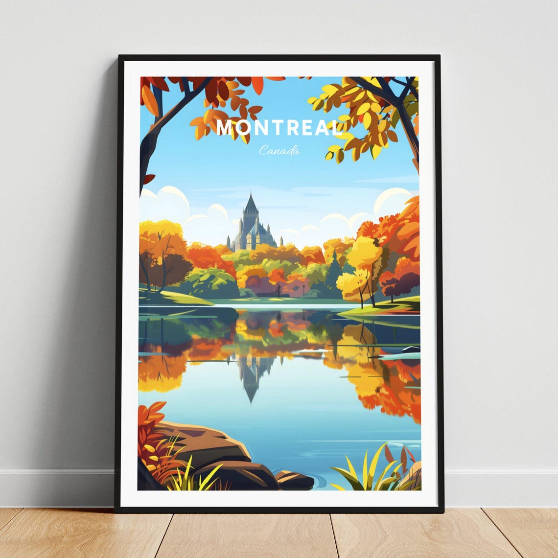 Montreal Canada Autumn Lake Reflection and Chateau Travel Poster