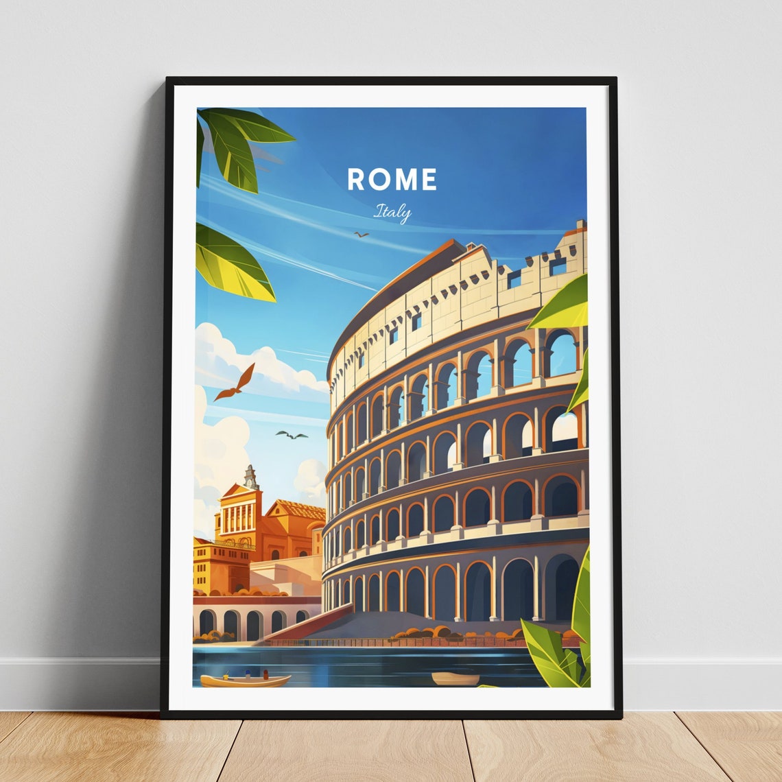 Rome Italy Colosseum Riverfront Water View Bright Day Travel Poster