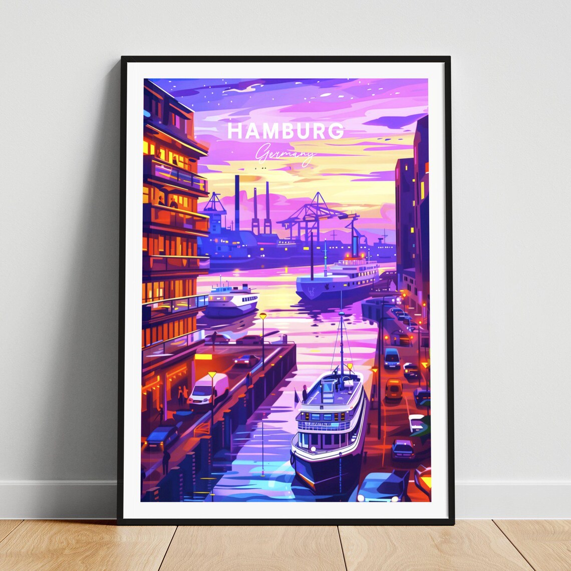 Hamburg Germany Harbor Dusk Neon Glow Container Port Travel Poster