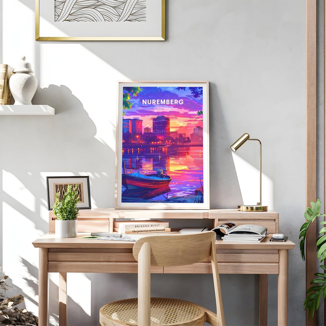 Nuremberg Germany City Skyline Sunset Boat River View Art Poster - Image 4