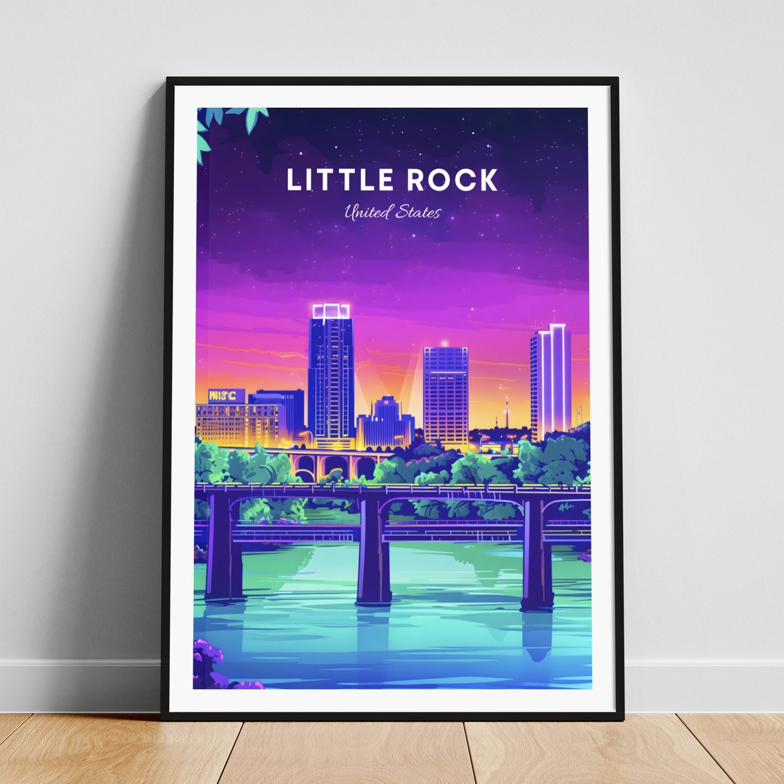 Little Rock Night Bridge Scene Under a Purple Starry Sky Poster