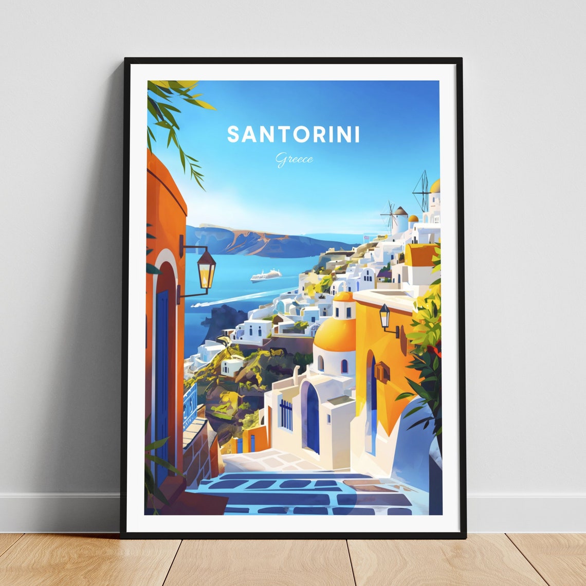 Santorini Greece Whitewashed Village Cliffs Sunset Travel Poster
