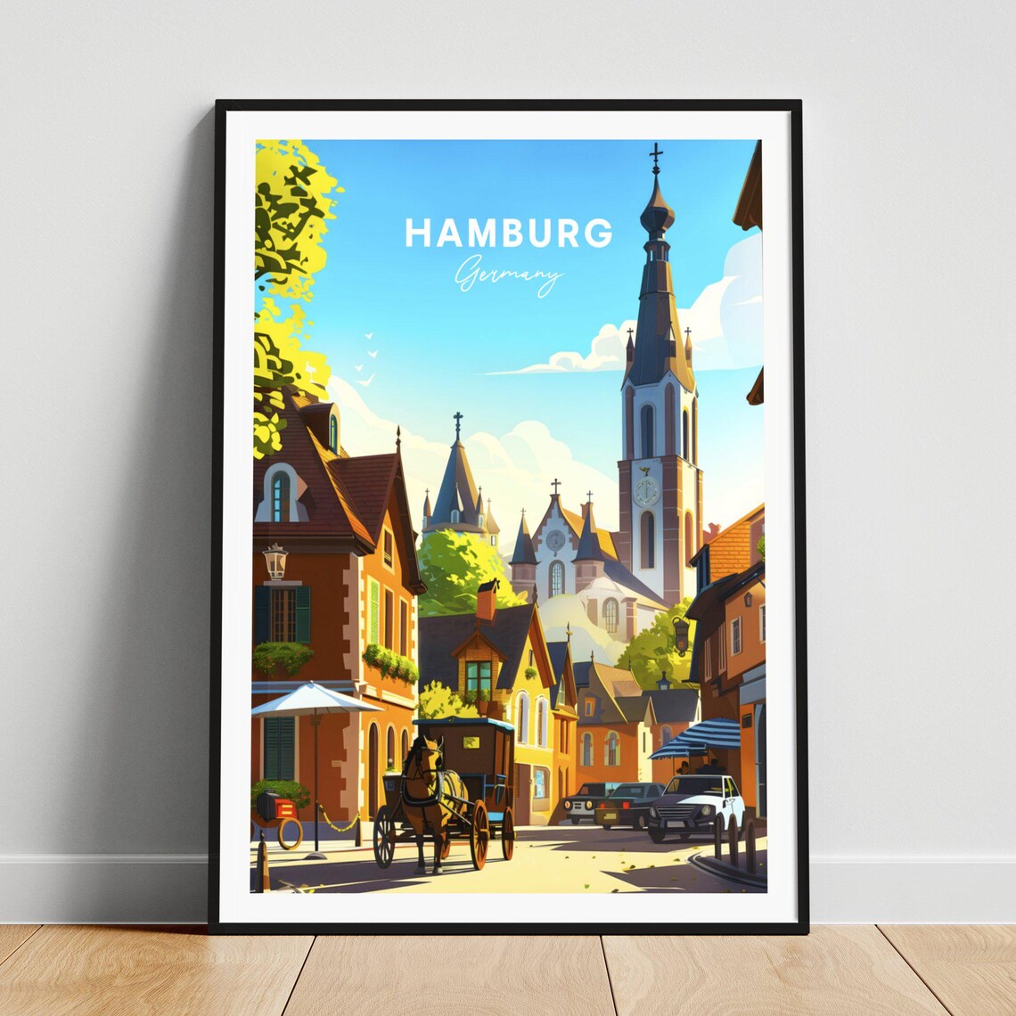 Hamburg Germany Old Town Horse Carriage Church Spires Travel Poster