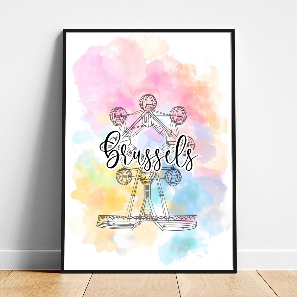 Brussels Atomium Spheres Watercolor Script Lettering Travel Poster