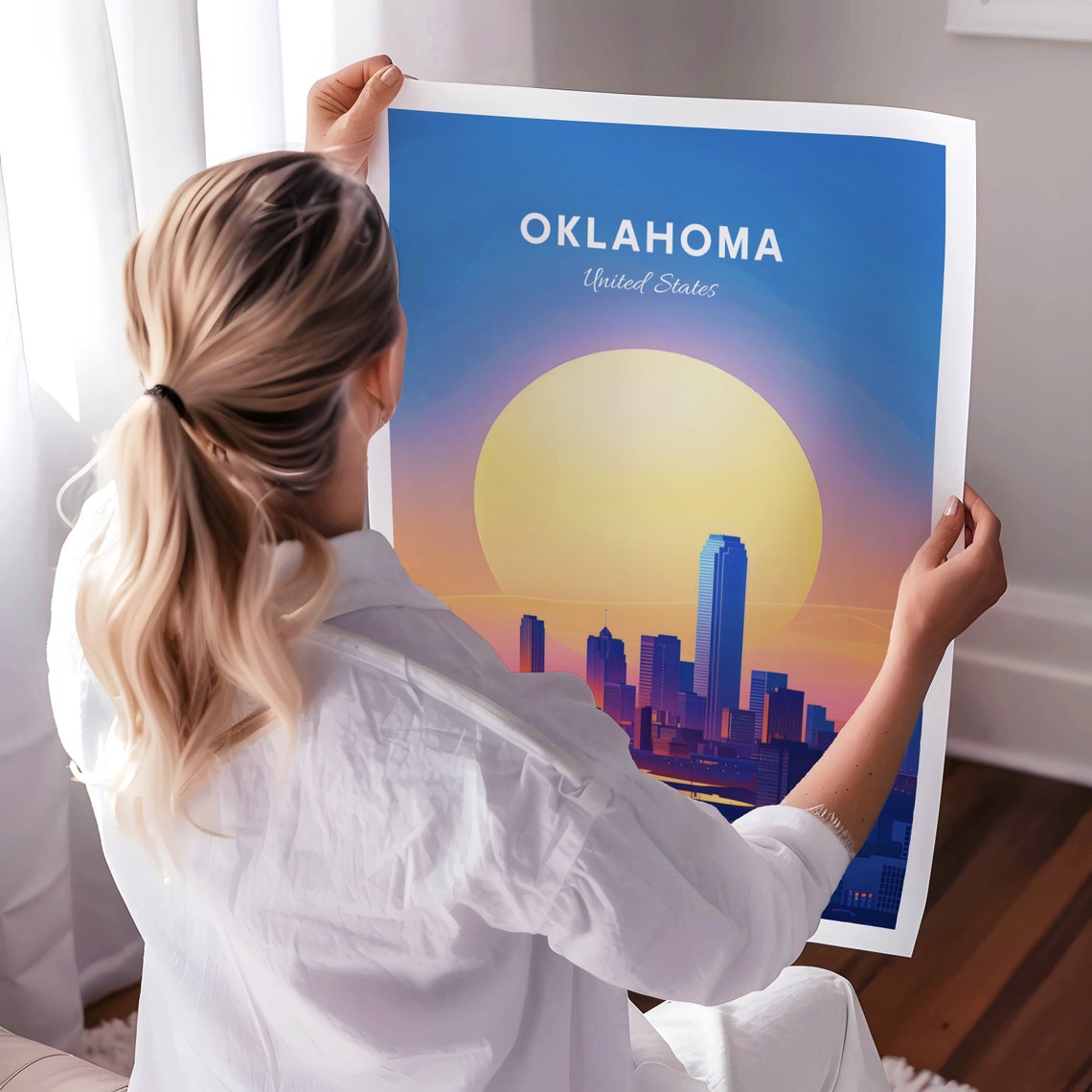 Oklahoma Skyline Big Sun Blue Sky Minimal Colorful Travel Poster - Image 3