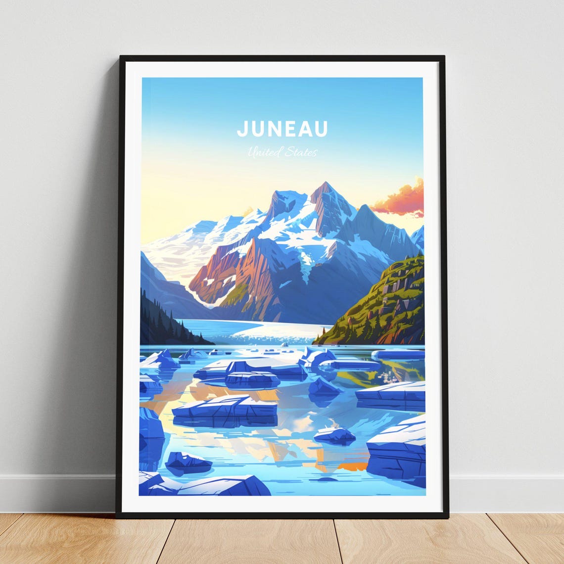 Juneau Alaska Blue Glacier Lagoon Icebergs Mountain Peaks Poster