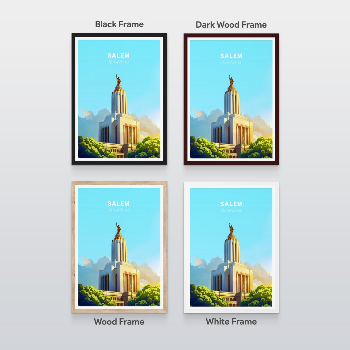 Salem Oregon State Capitol Golden Statue Sky Travel Art Poster - Image 2