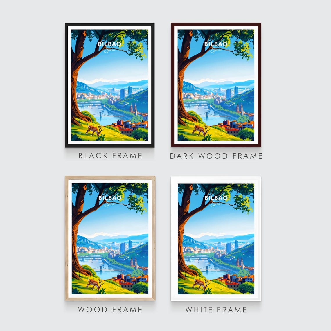 Bilbao River Valley City Panorama Tree Deer Grazing Hill Travel Poster - Image 3