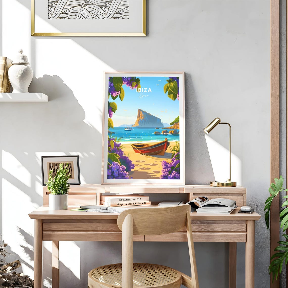 Ibiza Beach Rowboat Purple Flowers Rocky Islet Sailboat Travel Poster - Image 4