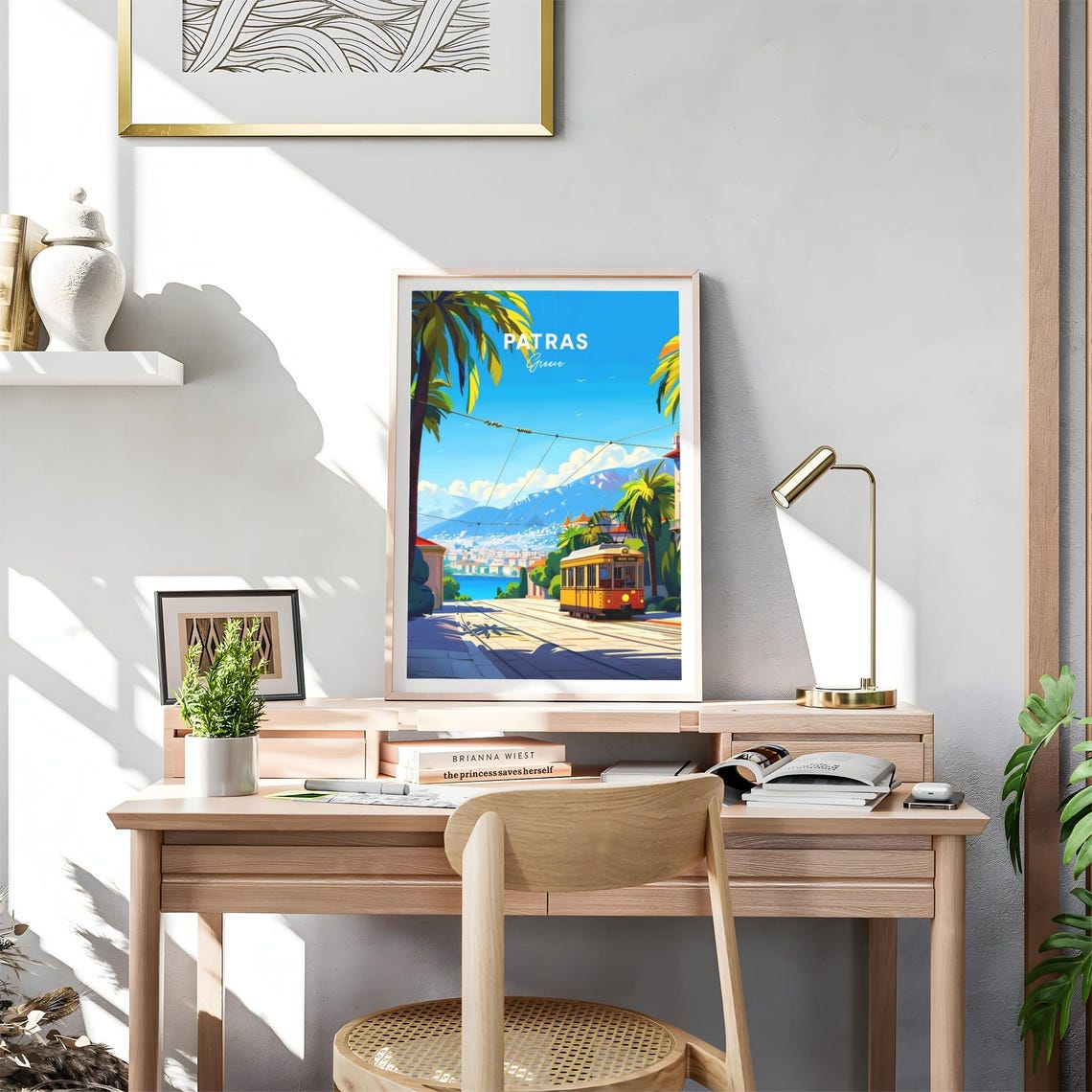 Patras Greece Yellow Tram Palms Sea Mountains Travel Art Poster - Image 4
