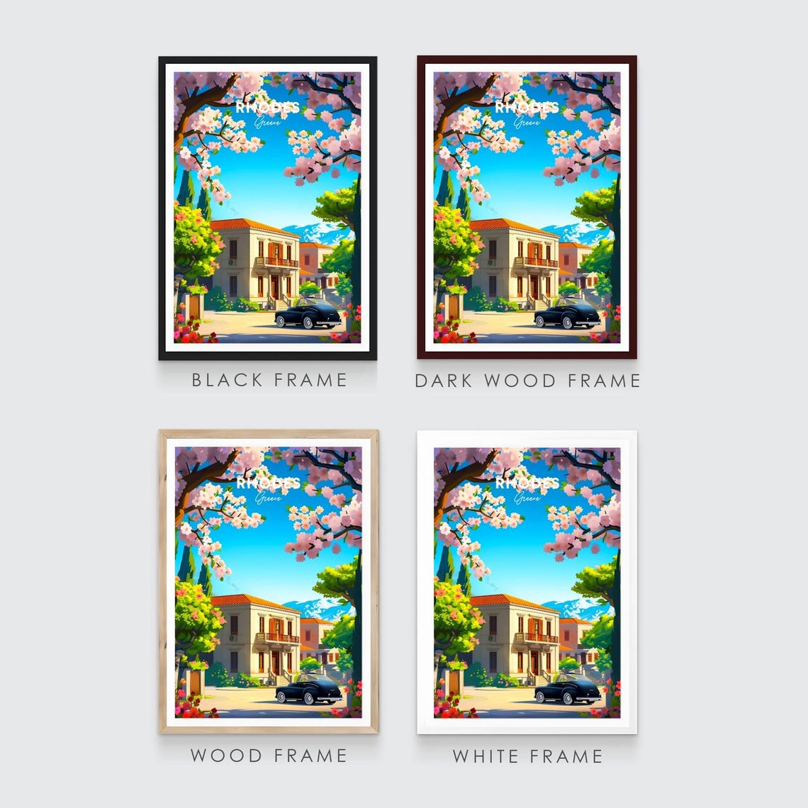 Rhodes Greece Cherry Blossom Villa and Vintage Car Art Poster - Image 3