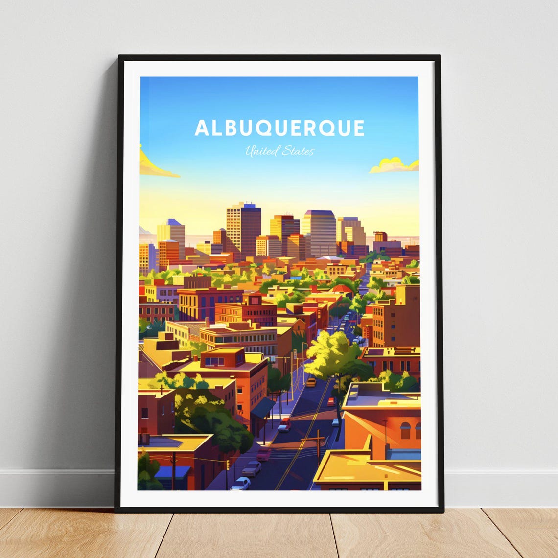 Albuquerque Bright Downtown Skyline Sunny Morning Street Travel Poster