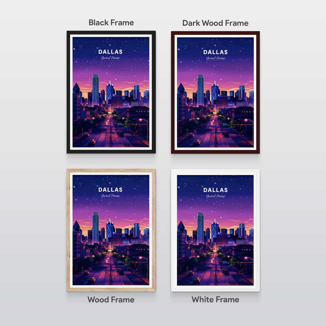 Dallas Night Skyline Glowing Over Highway City Lights Poster - Image 2