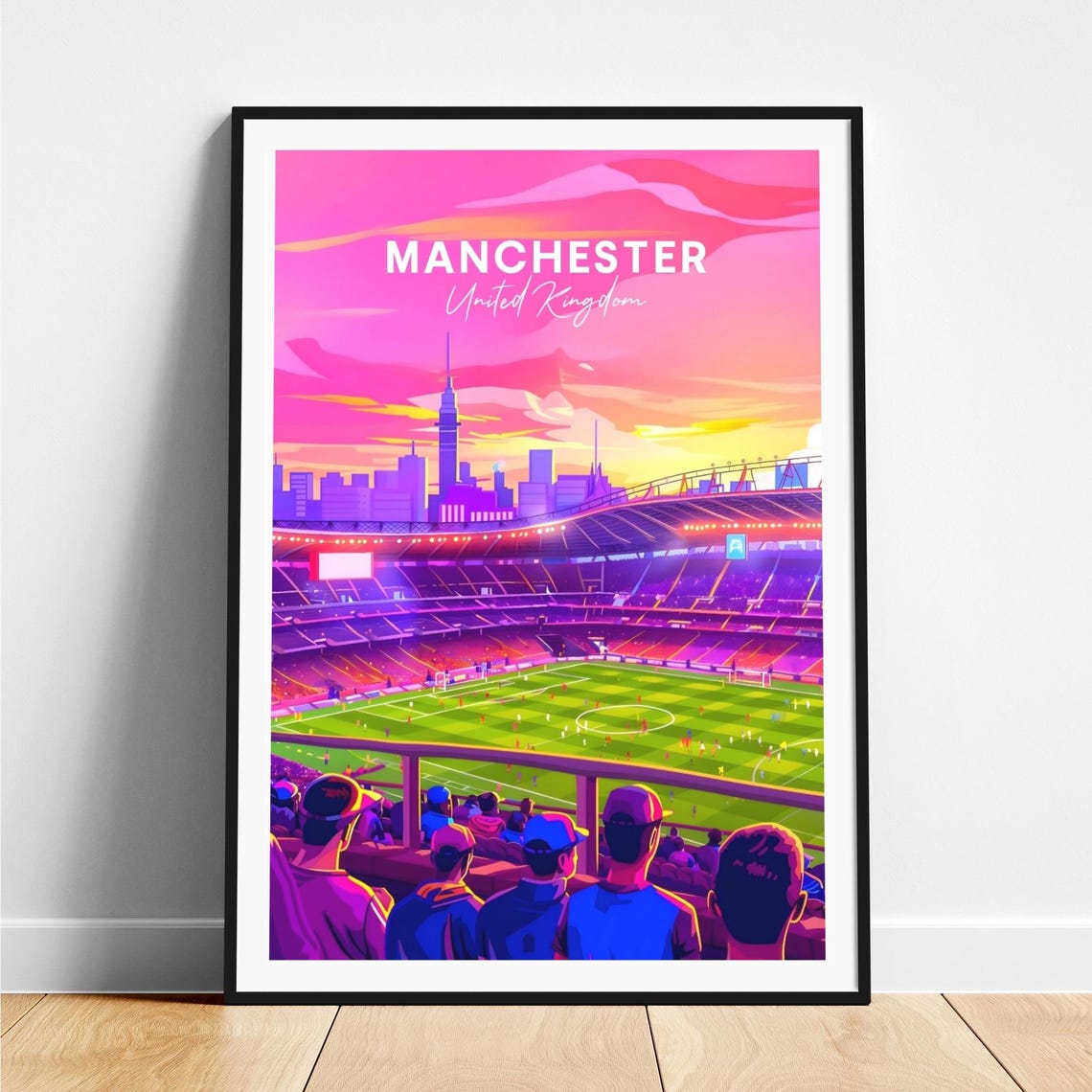 Manchester Football Stadium Sunset Crowd Pink Sky Travel Poster