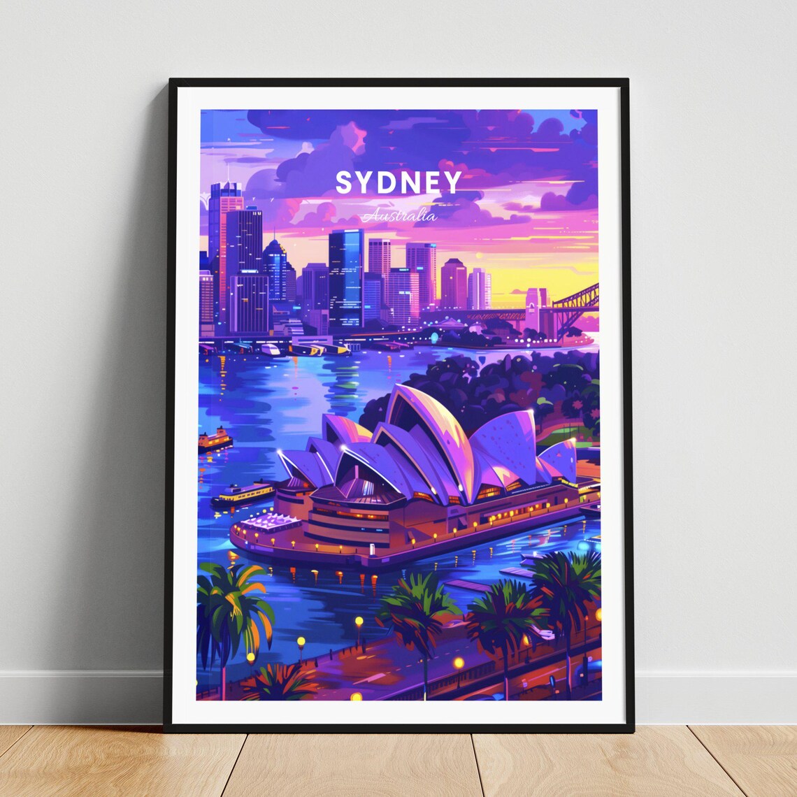 Sydney Australia Opera House Harbor Sunset Illustration Poster