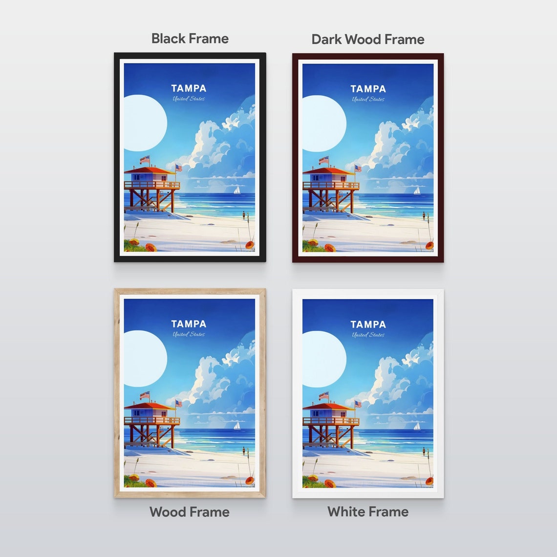 Tampa Florida Beach Lifeguard Tower Sailboat Ocean Retro Poster - Image 2