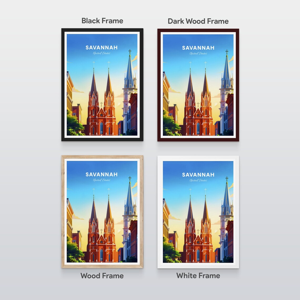 Savannah Twin Spire Cathedral Sunny Street Vintage Travel Poster - Image 2