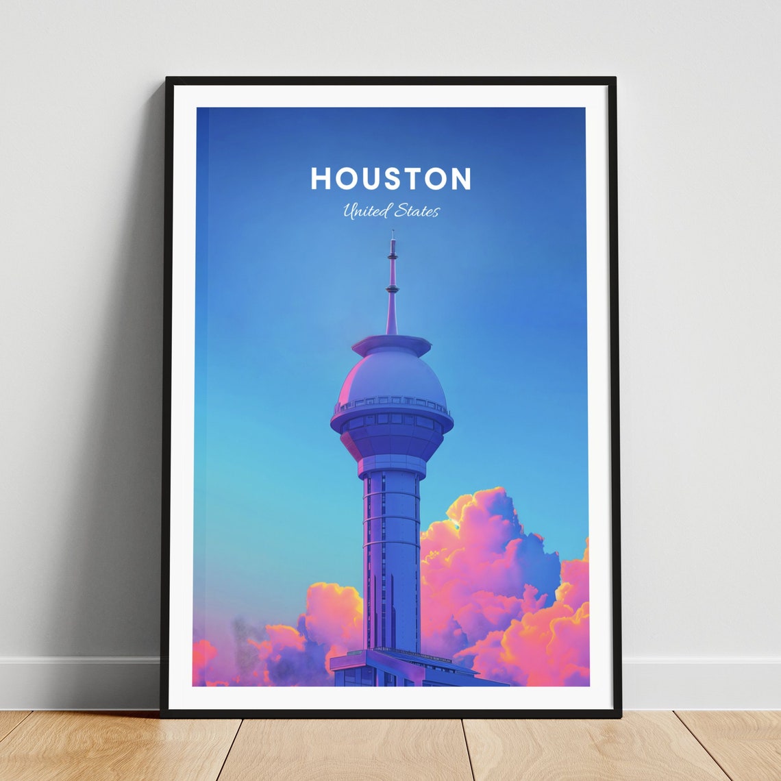 Houston Texas Observation Tower Against Pink Sunset Clouds Poster