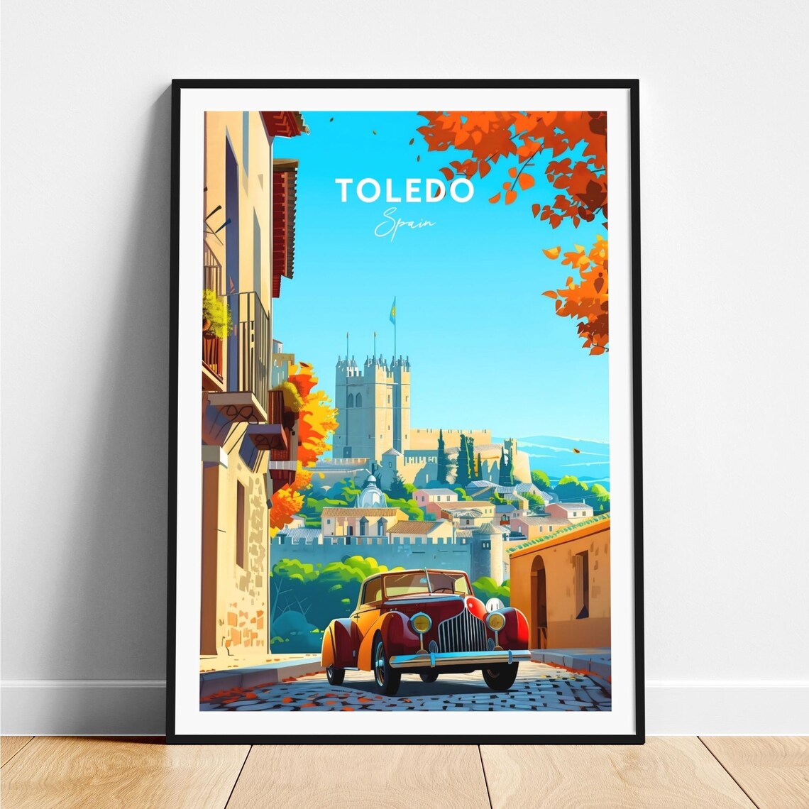 Toledo Old Town Street Vintage Red Car Historic Tower Travel Poster