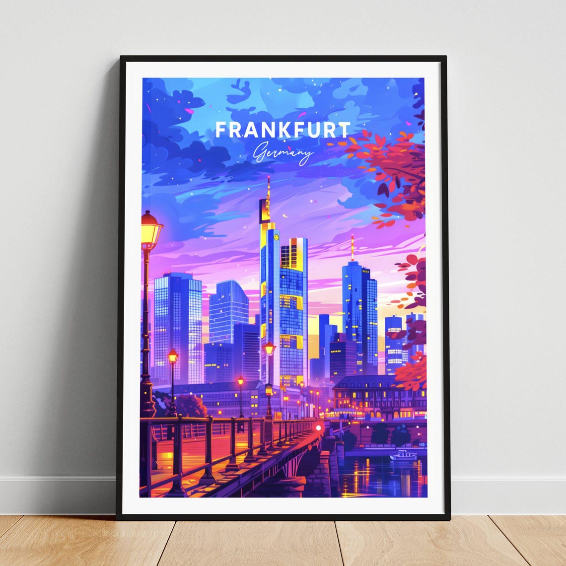 Frankfurt Germany Skyscrapers Dusk Purple Sky Bridge Travel Poster