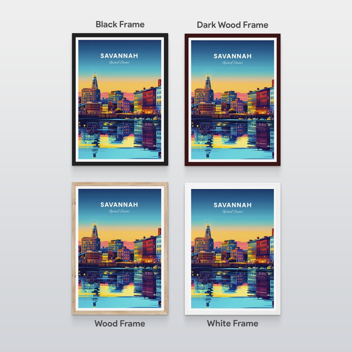 Savannah Riverfront Sunset Colorful Buildings Mirror Travel Poster - Image 2