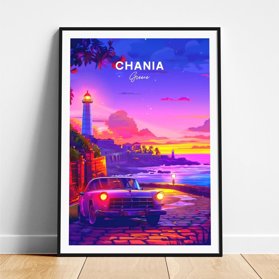 Chania Greece Lighthouse Classic Car Sunset Harbor Travel Poster