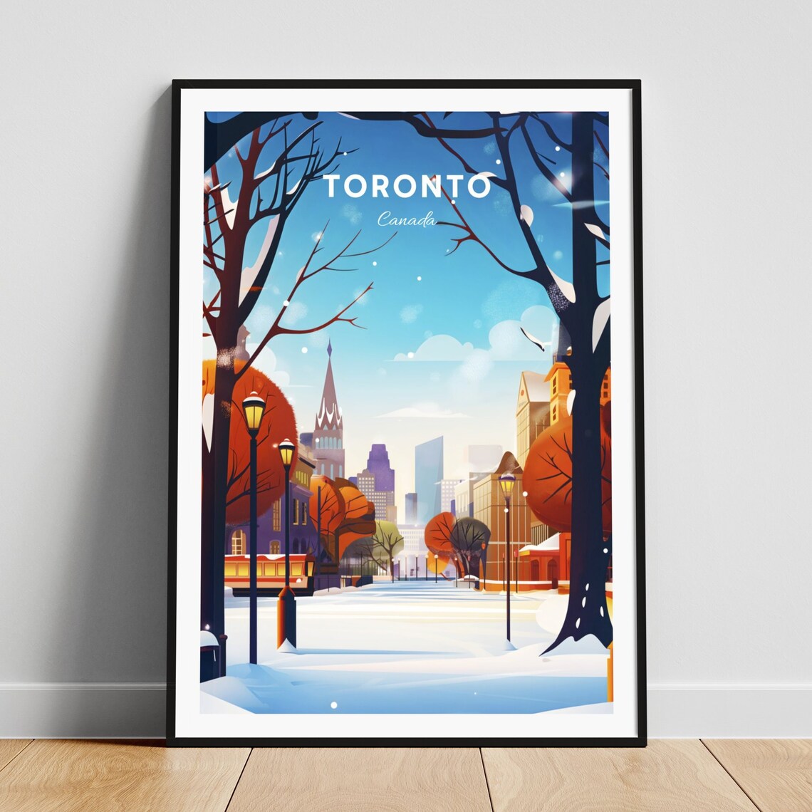 Toronto Winter Snowy Street Tram Church Spire Vintage Travel Poster
