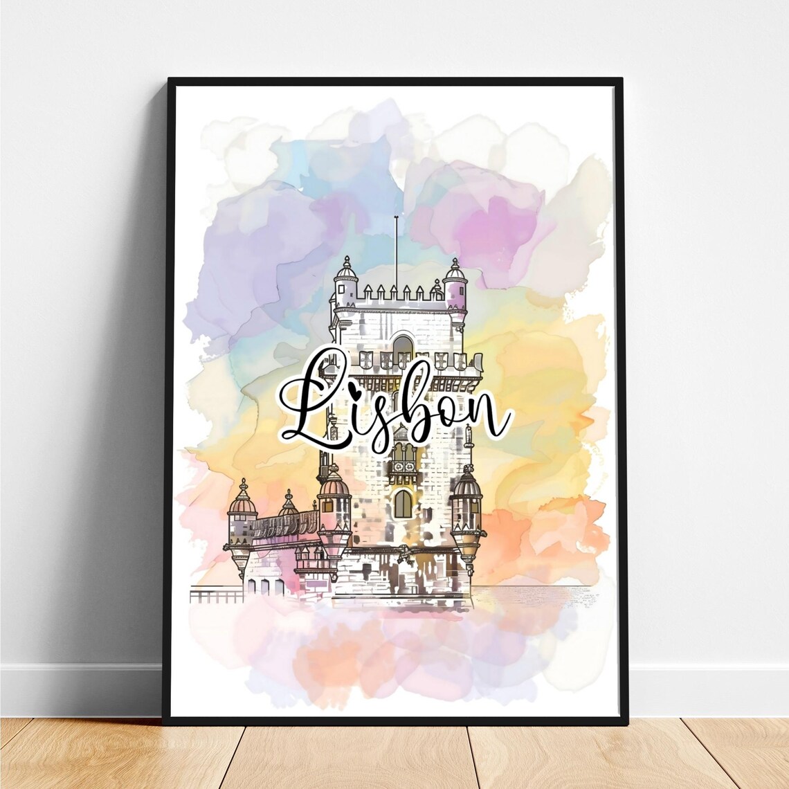 Lisbon Portugal Watercolor Belem Tower Landmark Sketch Travel Poster
