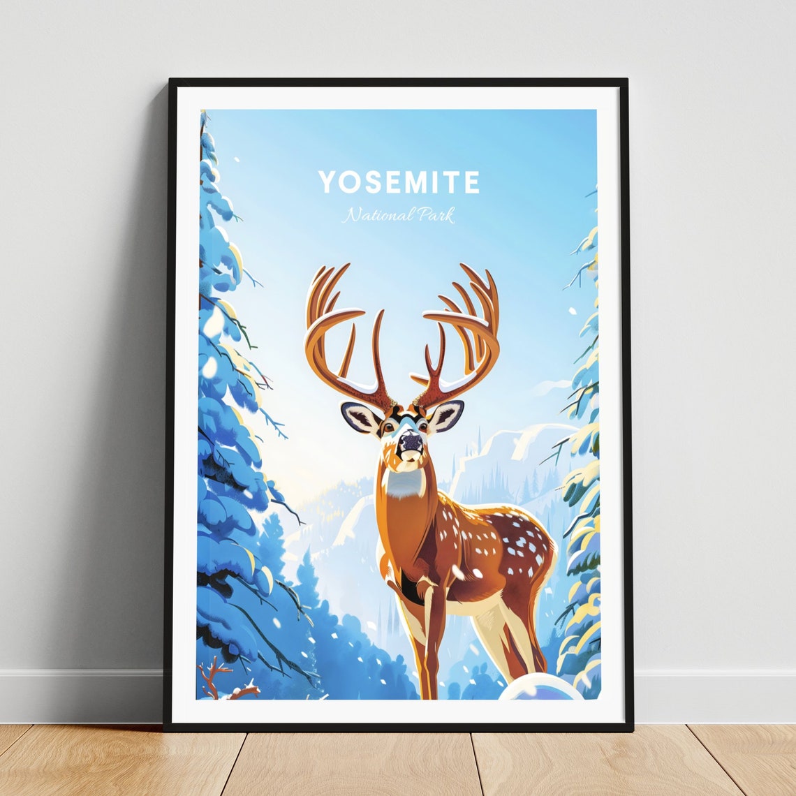 Yosemite National Park Stag Snowy Forest Winter Scene Travel Poster