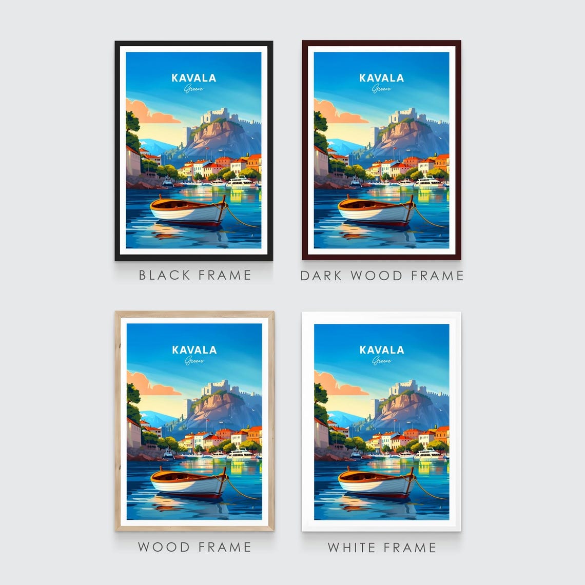 Kavala Greece Rowboat in the Harbor with Hilltop Fortress Poster - Image 3