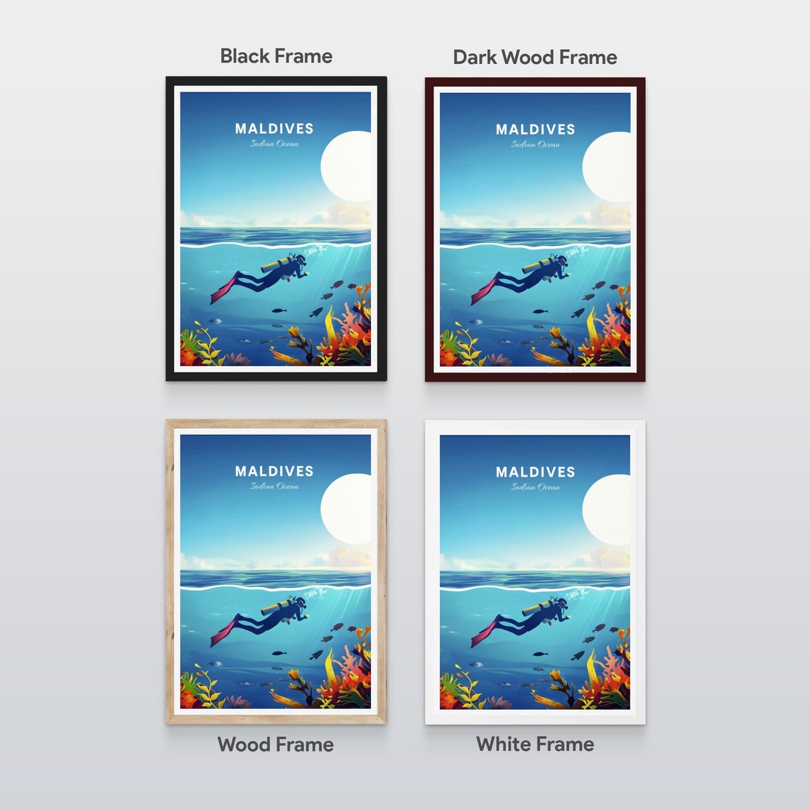 Maldives Scuba Diver Coral Reef Underwater Ocean Dive Travel Poster - Image 2