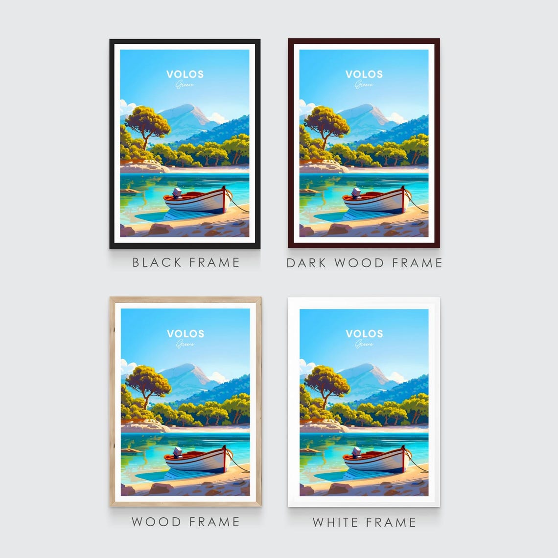 Volos Greece Rowboat Sandy Beach Shore Mountain Travel Poster - Image 3